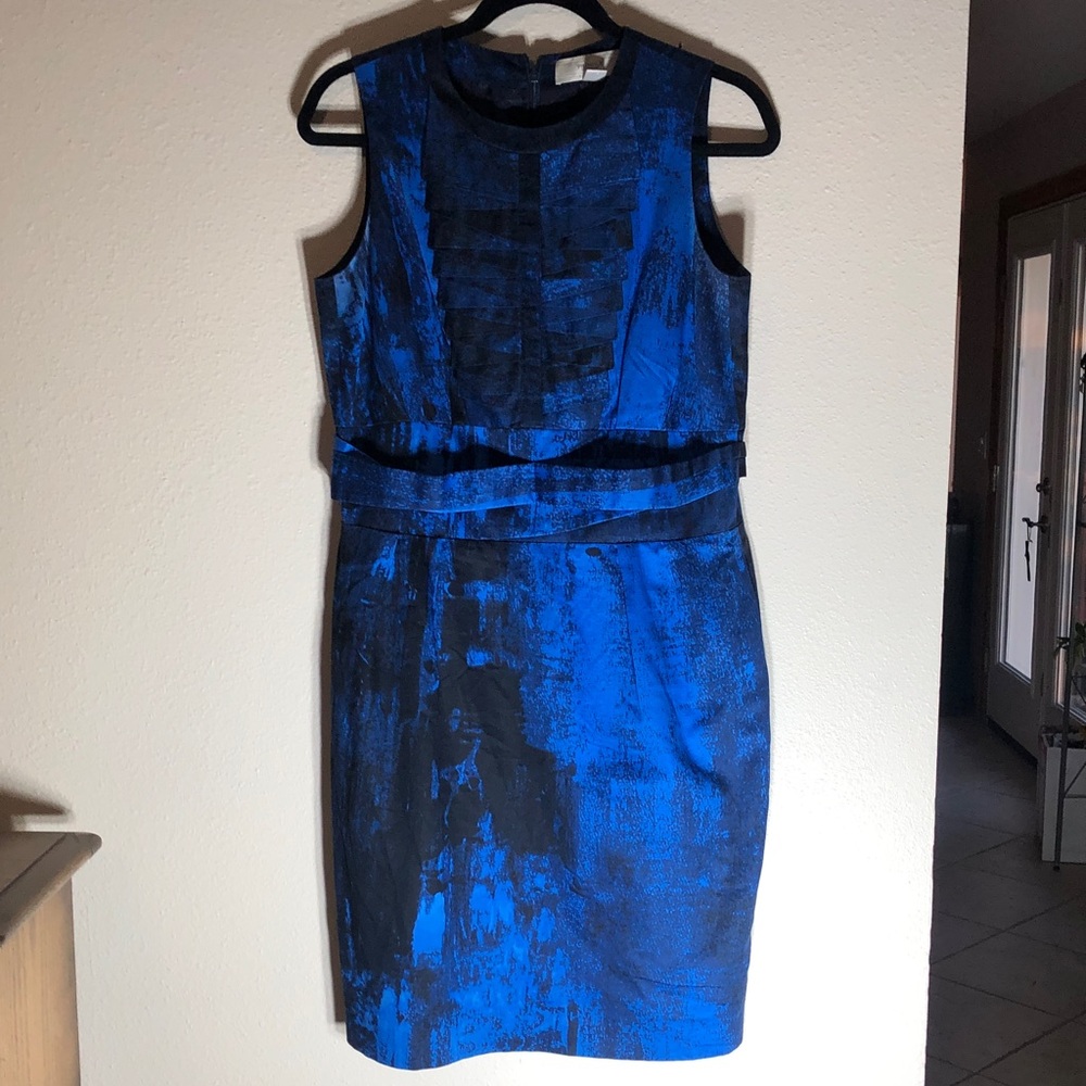 Vintage Silk & Cotton Sleeveless Blue & Black Printed Mini Sheath DressSize 10